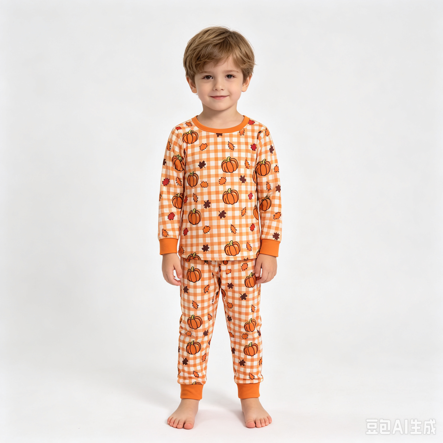 (Sample) No moq milk silk BLP1540（BT1929+P1198）Baby Boys Pumpkins Checked Print Top Pockets Pant Fall Casual Set