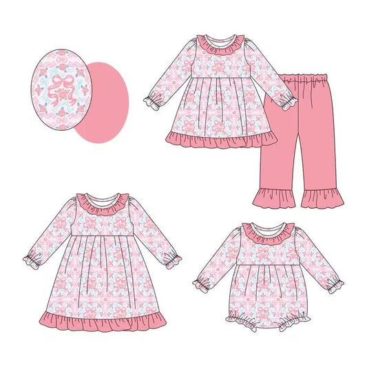 Custom moq 5 each style eta 6-7weeks baby girl clothes flroal bow pink long sleeve pants sets and romper and dress -25.9.4