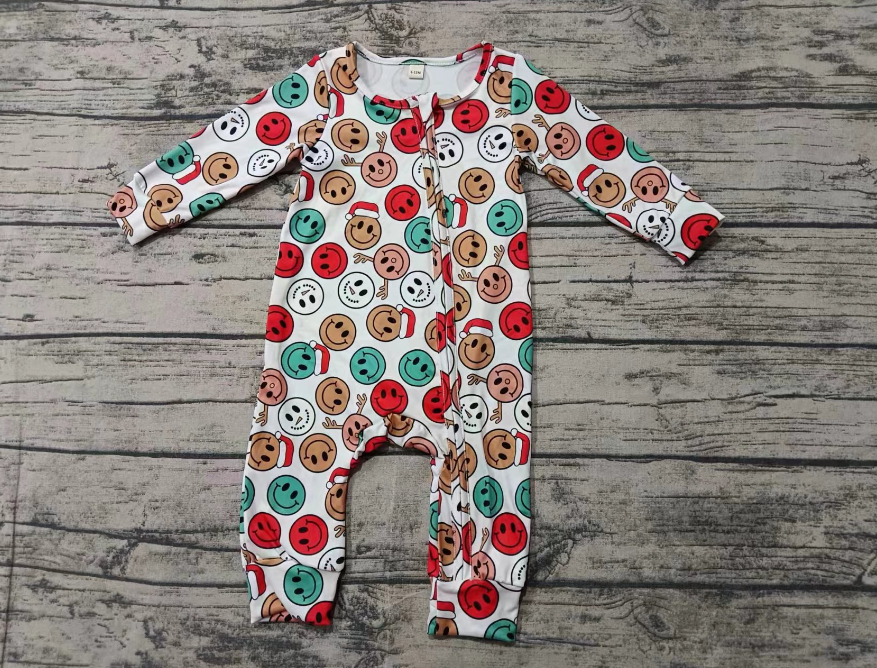 Custom moq 3 eta 6-7weeks Multicolor Christmas smiley face emoji white long zip-up romper