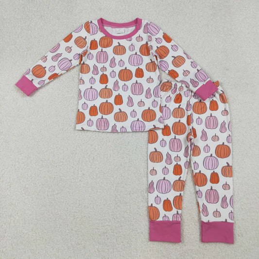 RTS NO MOQ（In Stock) GLP2702 Pink and white long-sleeved pantsuit with pumpkin pattern