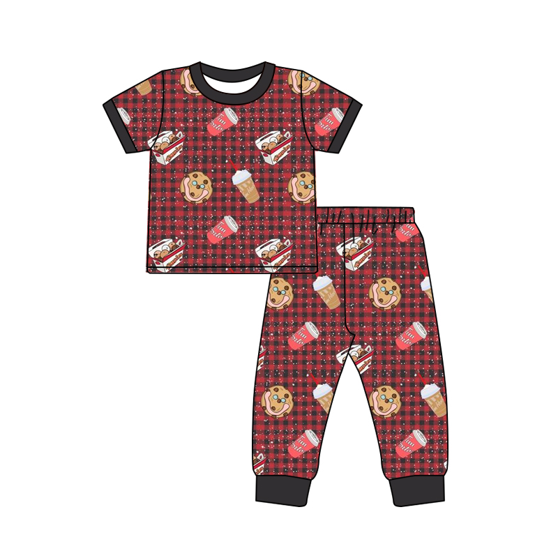 Deadline November 27 custom no moq eta 6-8weeks Baby kids milk cookies red and black plaid short-sleeved trousers suit