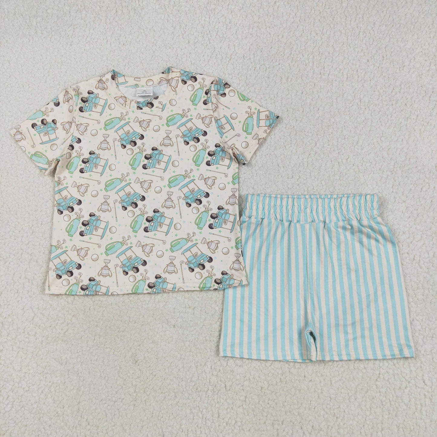 RTS NO MOQ GSSO2614 golf sightseeing car beige short-sleeved blue-green striped shorts set