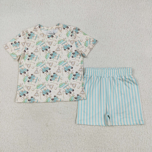 RTS NO MOQ GSSO2614 golf sightseeing car beige short-sleeved blue-green striped shorts set