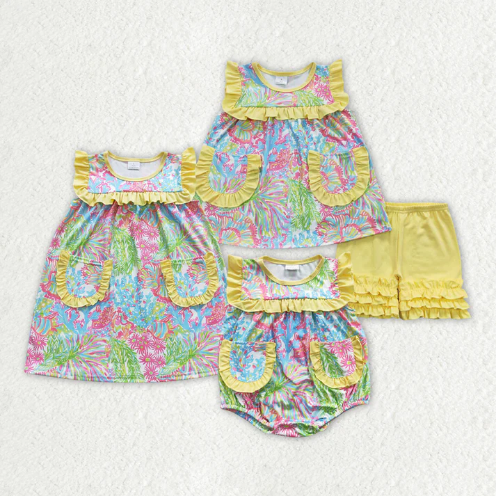RTS NO MOQ baby girl clothes floral short-sleeved shorts sets and romper dress