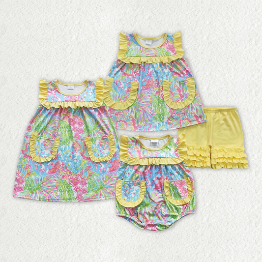 RTS NO MOQ baby girl clothes floral short-sleeved shorts sets and romper dress
