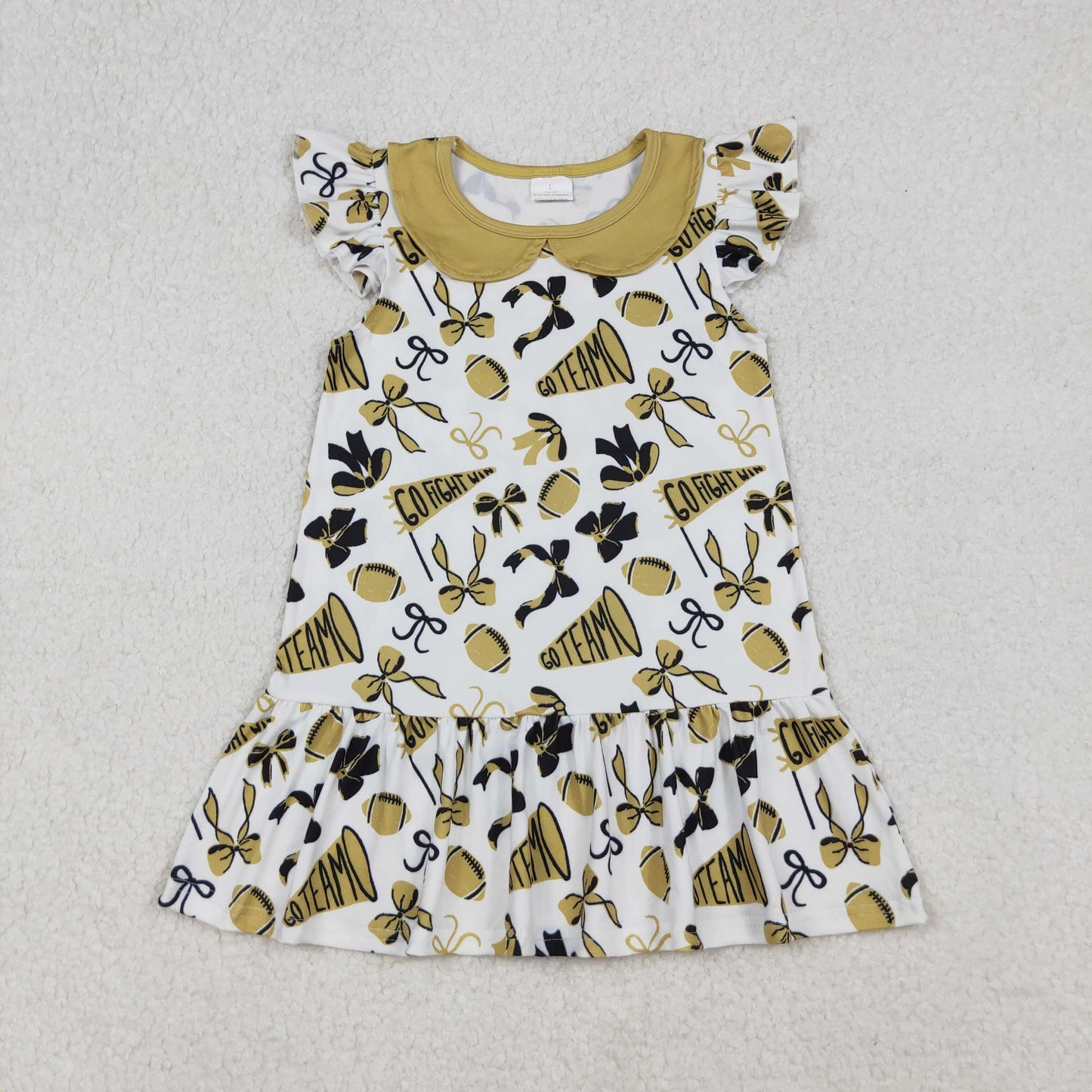 RTS NO MOQ（In Stock) GSD2788 Football trumpet and bow pattern gold baby collar and flying sleeve dress