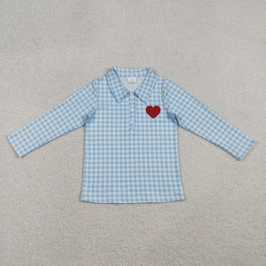 RTS NO MOQ（In Stock) BT1386 Blue and white plaid button-down long-sleeved top with embroidered Valentine's Day heart