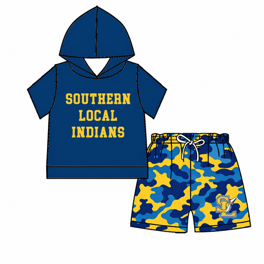 custom moq 5 mix size KABR0108 Baby Kids Blue Short Sleeve Hooded Top Camo Shorts Team Clothes Set