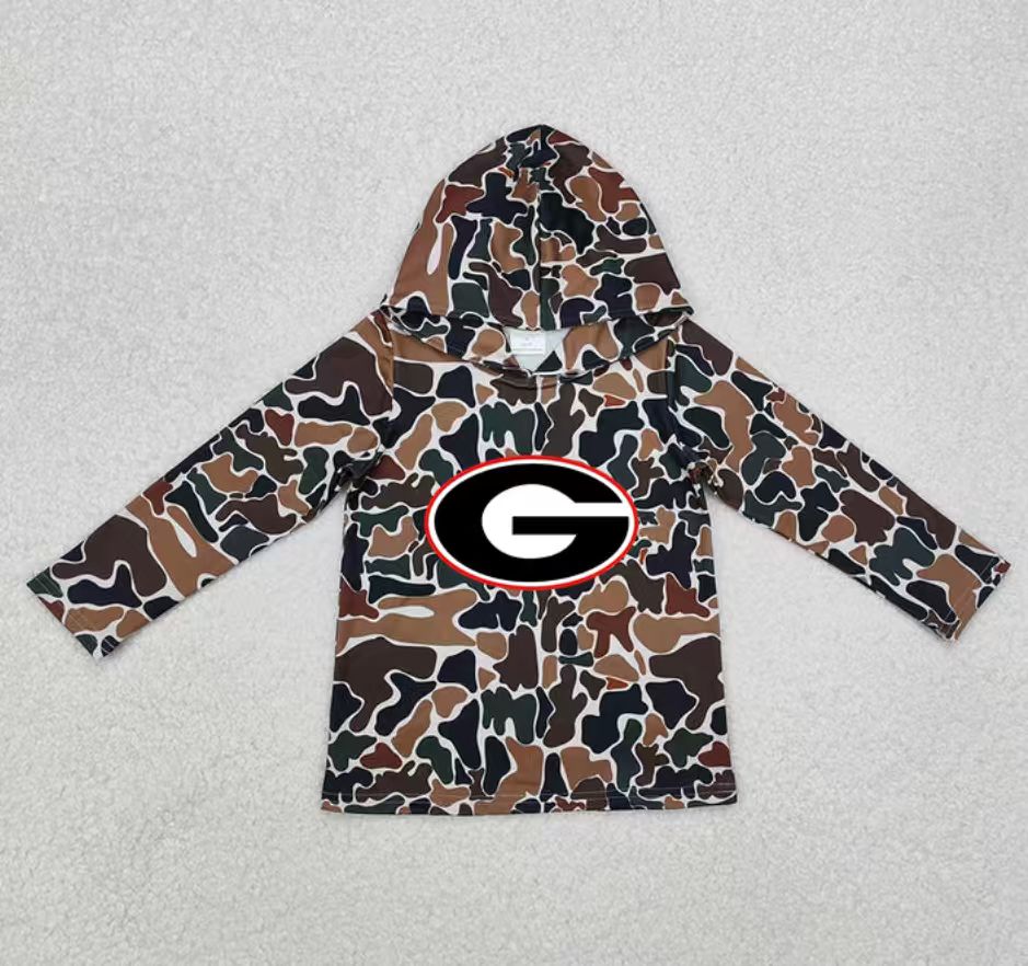 Custom moq 5 mix size milk silk summer team baby girls and boys clothes camouflage hooded long sleeve top-25.10.22