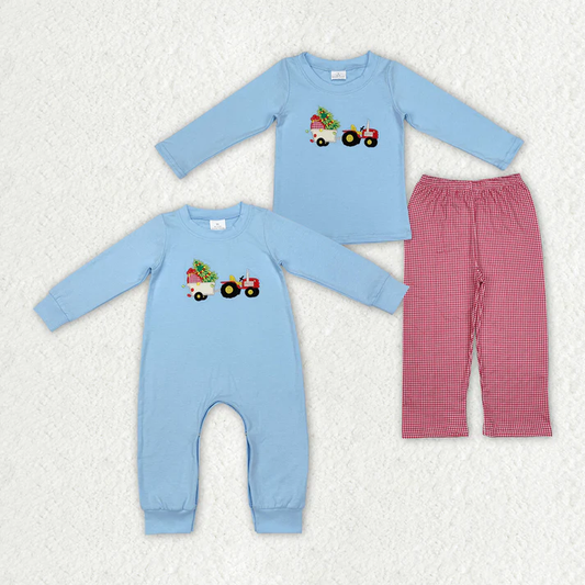 RTS NO MOQ Blue long-sleeved suit & romper with embroidered truck pulling a Christmas tree