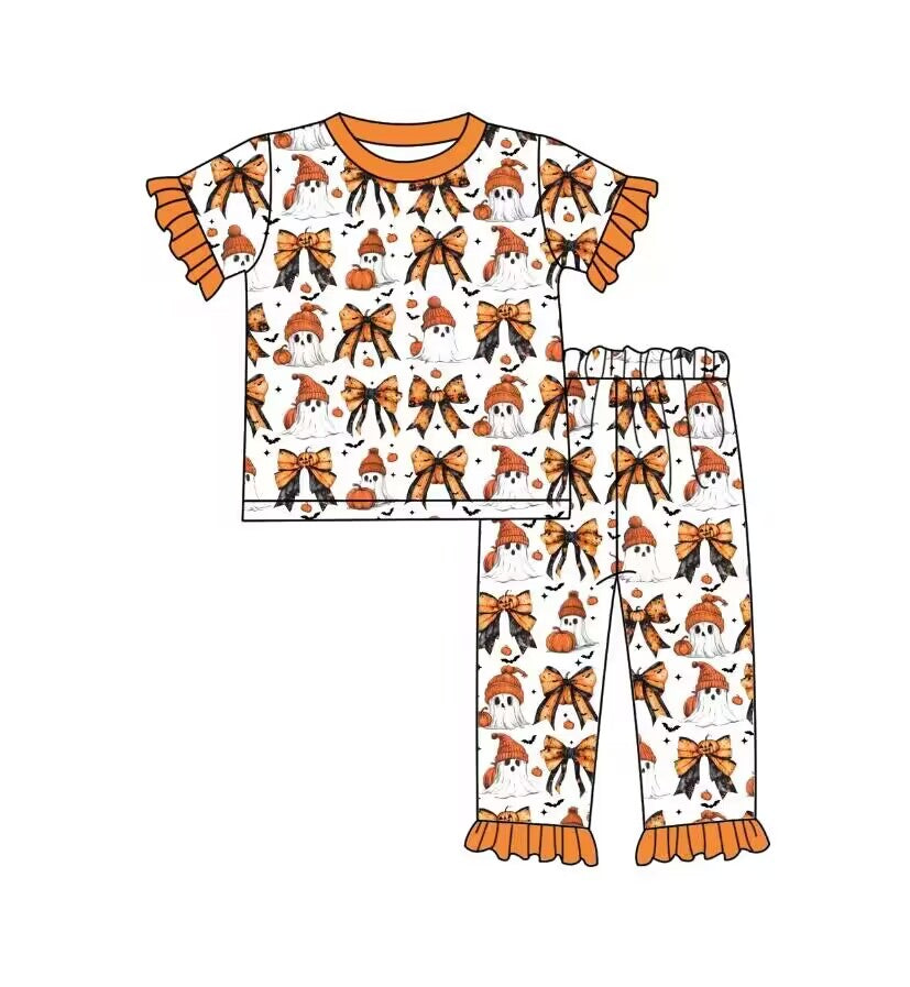 Custom moq 3 eta 6-8weeks baby girls clothes ghost Pumpkin orange Short Sleeve Long Pants Pajama Set