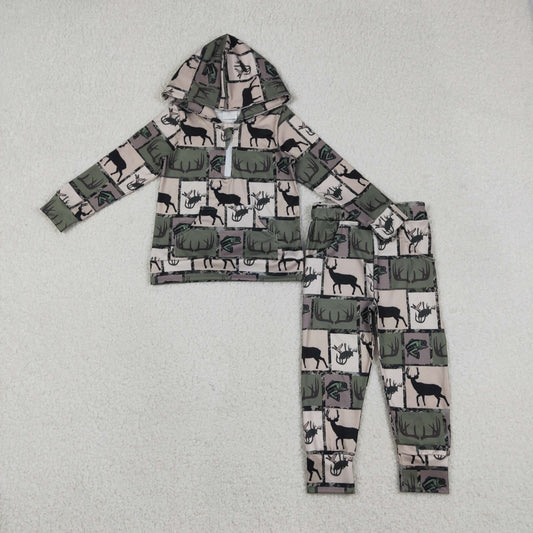 RTS NO MOQ（In Stock) Reindeer Antler Fishing Check Hunting Zipper Hooded Long-Sleeve Pants Set
