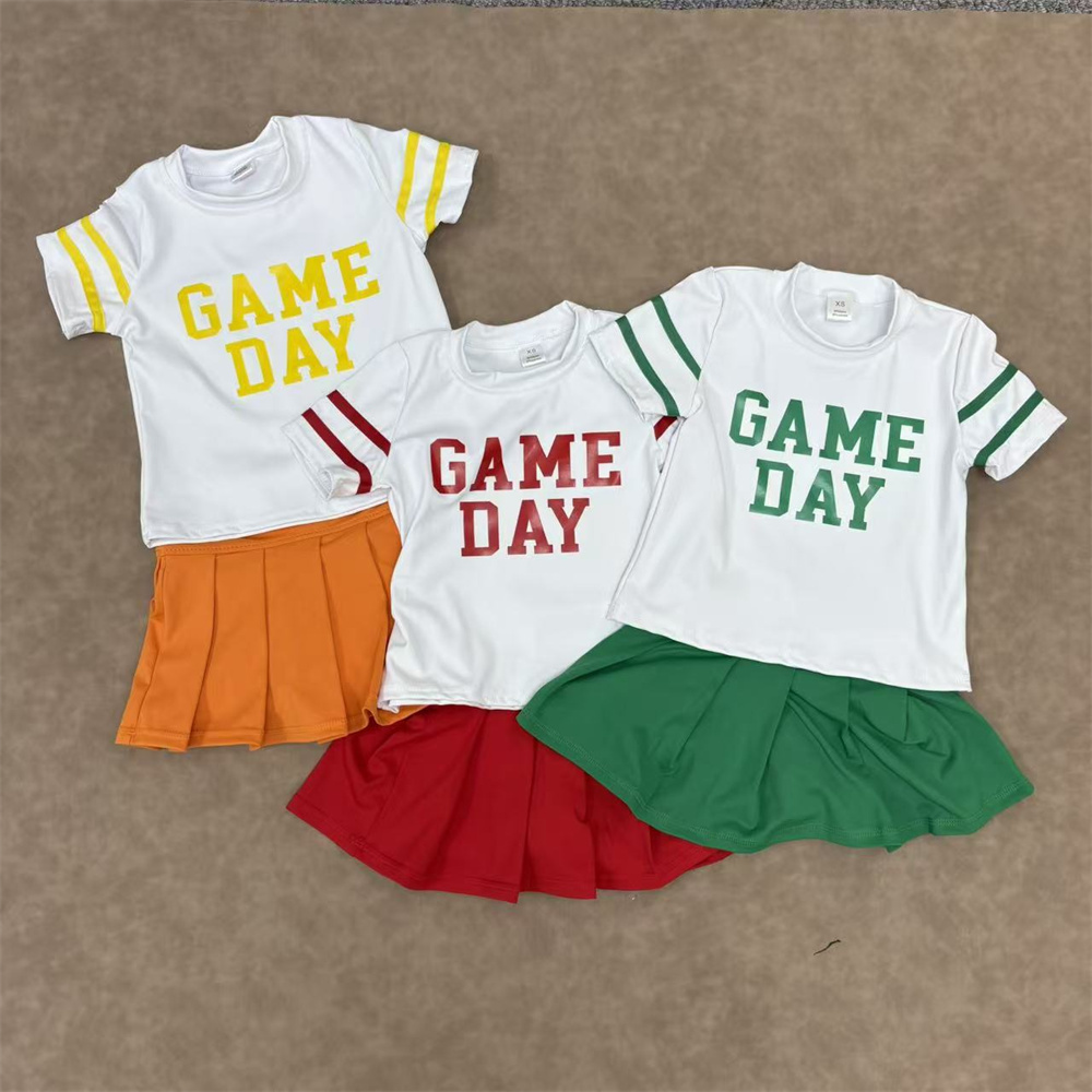 RTS NO MOQ Sibling baby girls clothes Game Day White short-sleeved yoga top with offset green lettering and stripes Solid green yoga skirt set