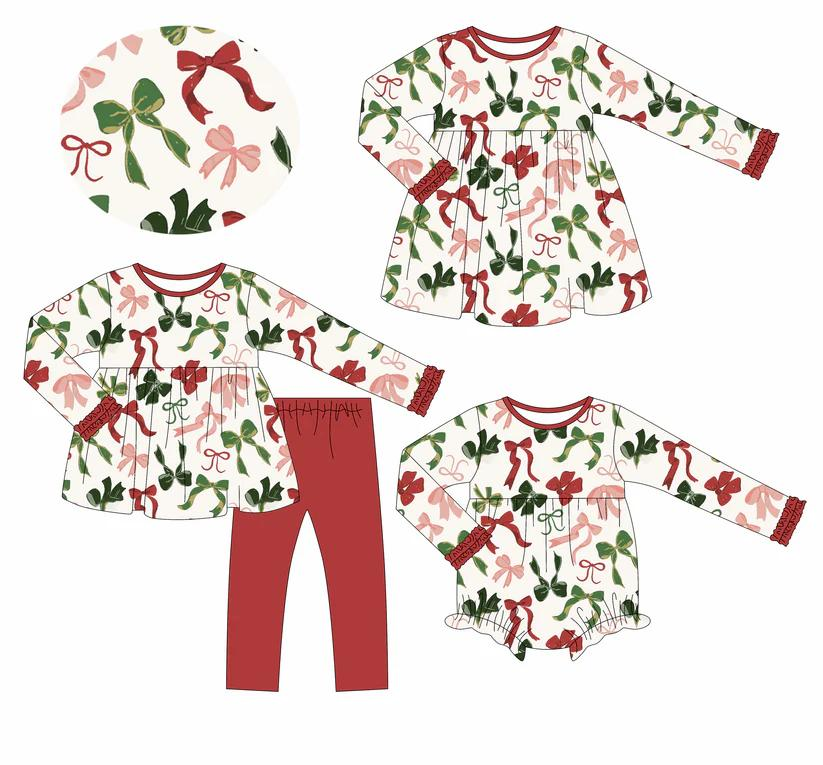 Custom moq 5 each style eta 6-7weeks baby girl clothes Christmas bow long sleeve pant sets and dress and romper