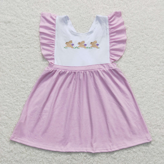 GSD0569 Embroidery Three Rabbits Bow Purple and White Flying Sleeve Dress