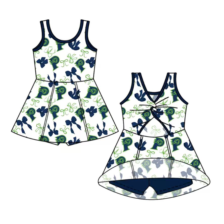 custom moq 5 mix size NB020624 Baby Girls Bow Print Team Yoga Active Sleeveless Shorts Knee Length Dresses