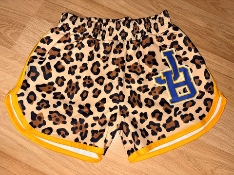 custom moq 5 mix size TYHS0101 Adult And Kids Leopard Print Yellow Trim Elastic Waist Athletic Sport Team Short
