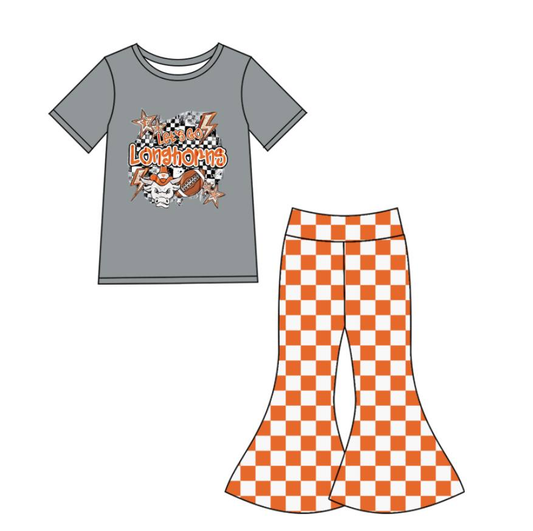 Custom summer teams baby girl clothes team orange plaid short sleeve pants sets-25.8.22