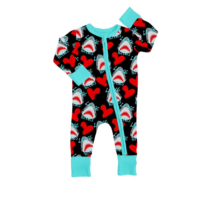 LR0891 love bites shark blue and black zipper long sleeve jumpsuit
