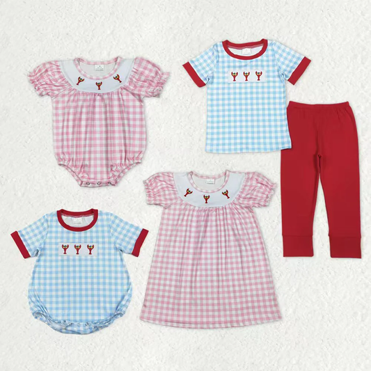 RTS NO MOQ Sibling baby girl boy clothes embroidery mardi gras short sleeve pants sets and romper & dress