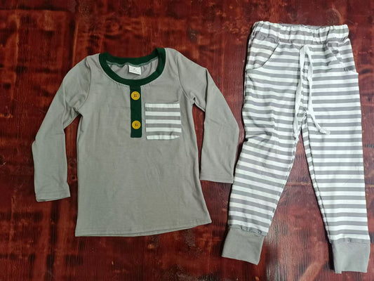 Custom moq 3 eta 6-7weeks Gray button-down top and gray and white striped pants set