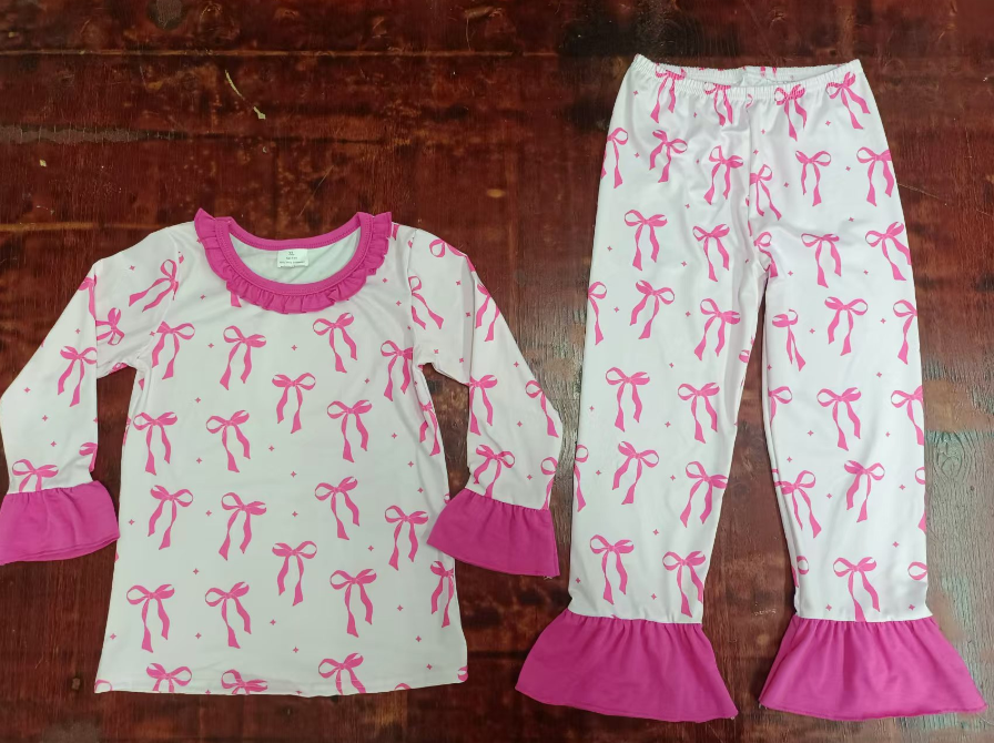 Custom moq 3 eta 6-7weeks Pink Bow Ruffle Neck Long Sleeve Suit