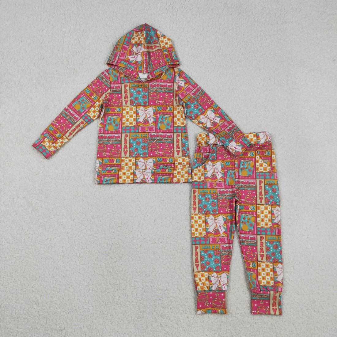 RTS NO MOQ Sibling Baby girls Clothes floral bow hooded long-sleeved pants sets