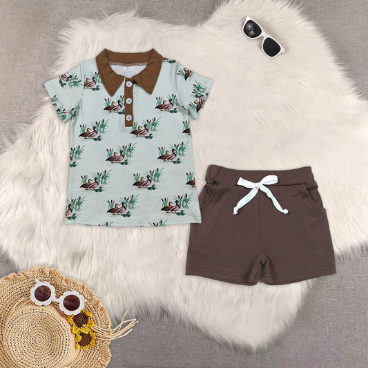 RTS NO MOQ BT1174+SS0134 baby boy clothes duck short-sleeved top Brown pocket shorts sets