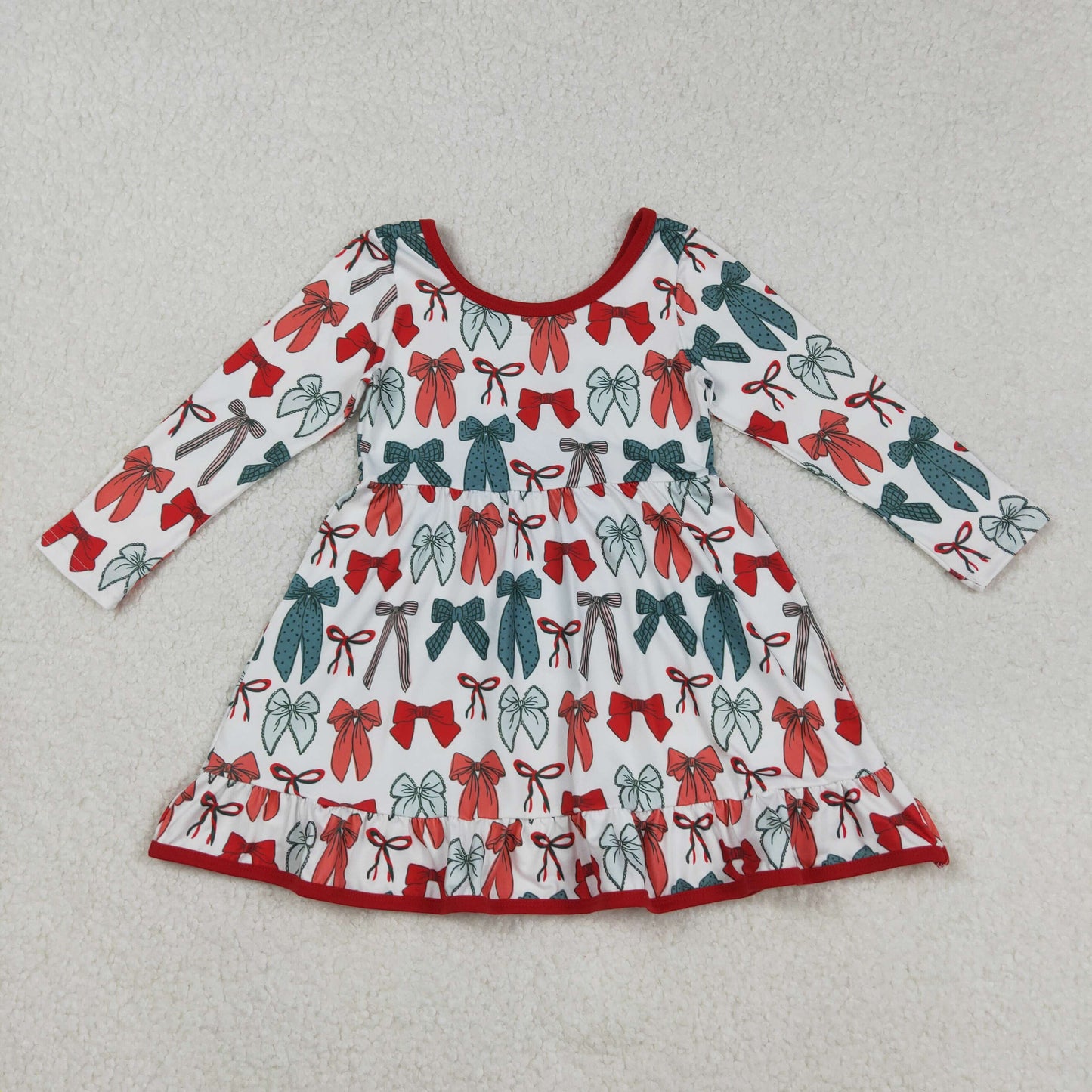 RTS NO MOQ（In Stock) GLD1250 Beige long-sleeved dress with red and green Christmas bow pattern