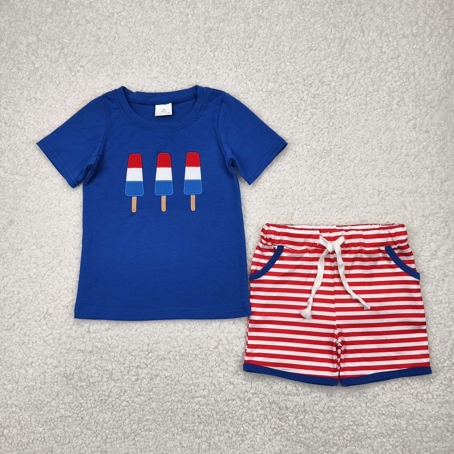 RTS NO MOQ BSSO1250 Embroidery National Day Popsicle Blue Short Sleeve Red Striped Shorts Set