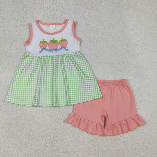 RTS NO MOQ（In Stock) GSSO2981 Embroidered Strawberry Bow Pattern Green Plaid Sleeveless Pink Shorts Set