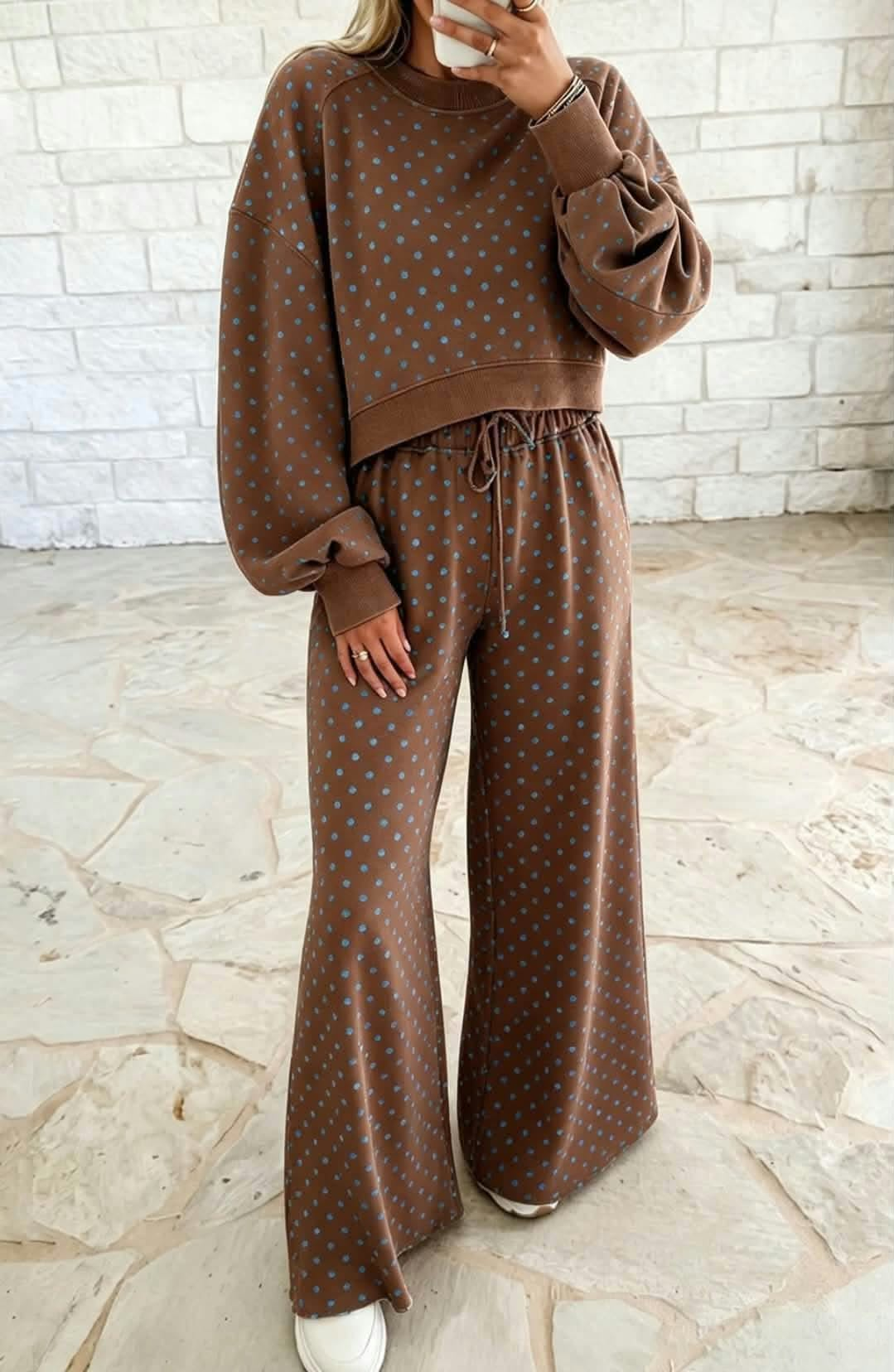 custom moq 5 mix size MYMSWN0101 Adult Long Sleeve Top And Drawstring Wide Leg Pant Loungewear Set