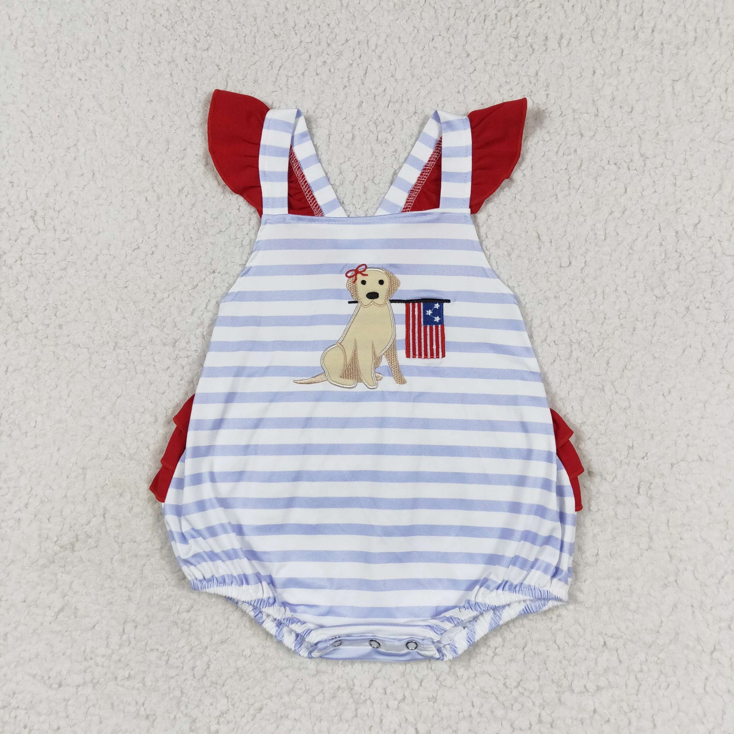 RTS NO MOQ（In Stock) embroidered puppy flag striped red lace vest jumpsuit