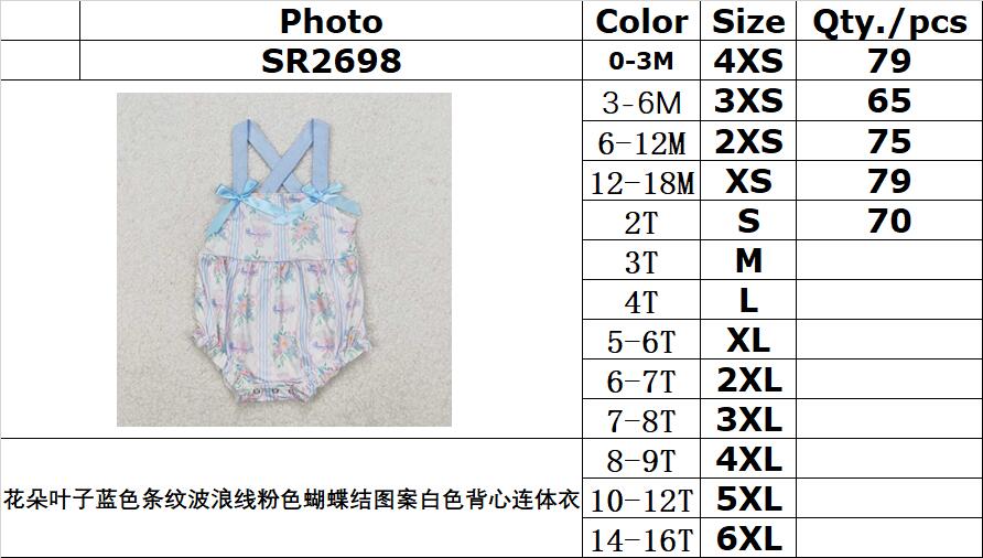 RTS NO MOQ ETA 5/7days arrived SR2698 Flower Leaves Blue Stripes Wavy Line Pink Bow Pattern White Vest Bodysuit
