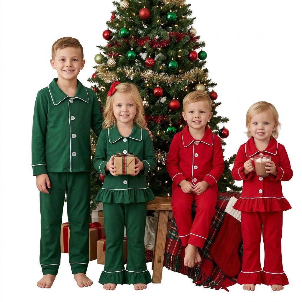 (Preorder new) No moq Adult To Match Kids Solid Green Christmas Long Sleeve Collared Button Down Pajama Set Holiday Sleepwear