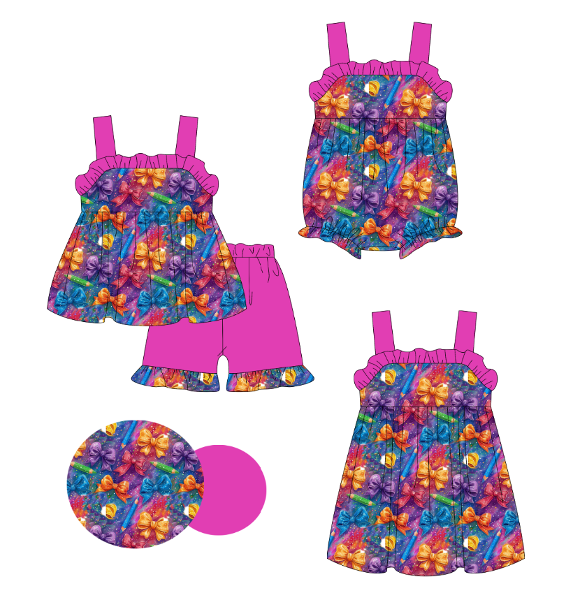 Custom summer baby girls clothes bow short sleeve shorts sets dress romper