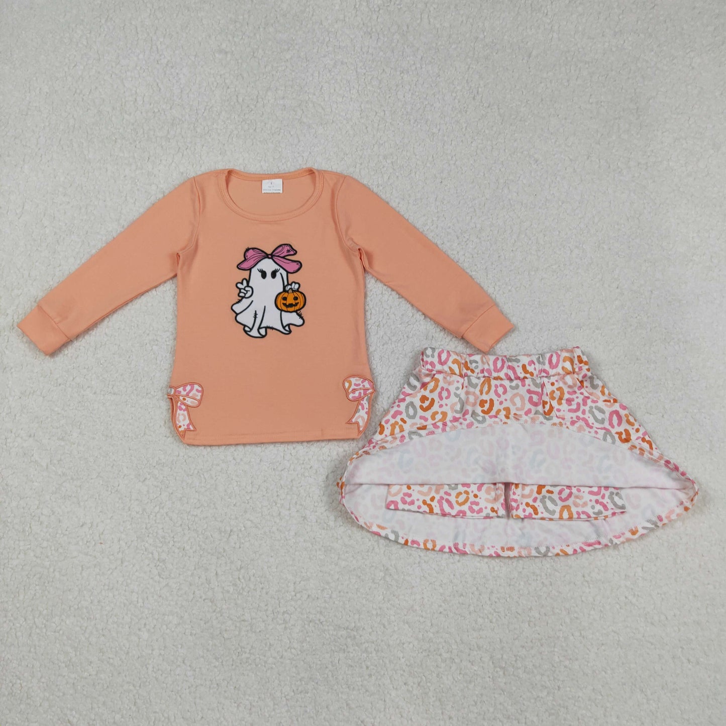 RTS NO MOQ（In Stock) GLD1174 Embroidered Halloween ghost pumpkin light orange long-sleeved leopard print culottes set