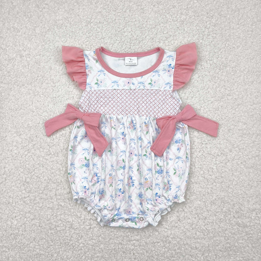 RTS NO MOQ SR2923 Embroidered flower leaves blue bow pattern plaid pink flying sleeves vest jumpsuit