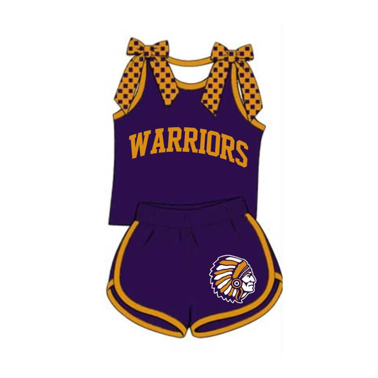 custom moq 5 mix size KEWT01 Baby Girls Orange Polka Dots Bow Sleeveless Purple Top Shorts Summer Set Team Clothes