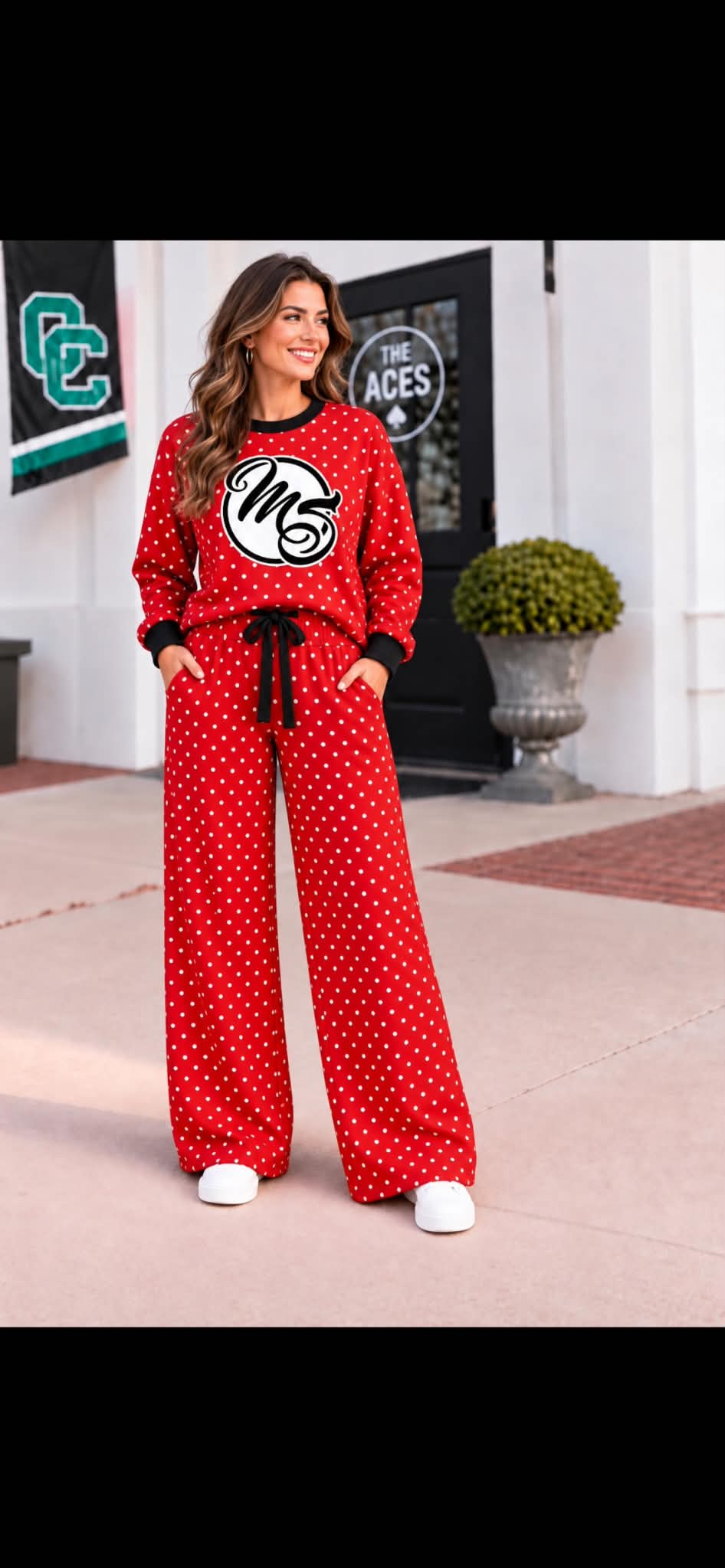custom moq 5 mix size LIBBYBS0107 Adult To Match Kids Red White Polka Dot Top Black Trim Wide Leg Pant Outfit