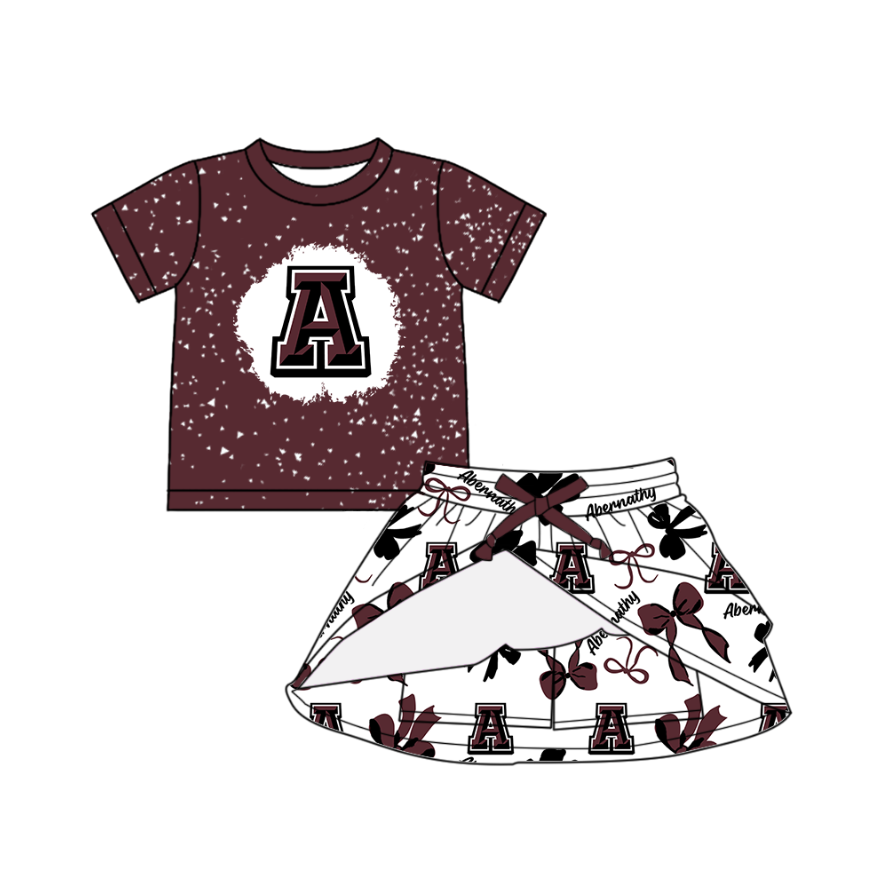 Custom moq 5 mix sizes summer teams baby girls clothes team T Maroon Black Bowknot Summer Girls Clothes