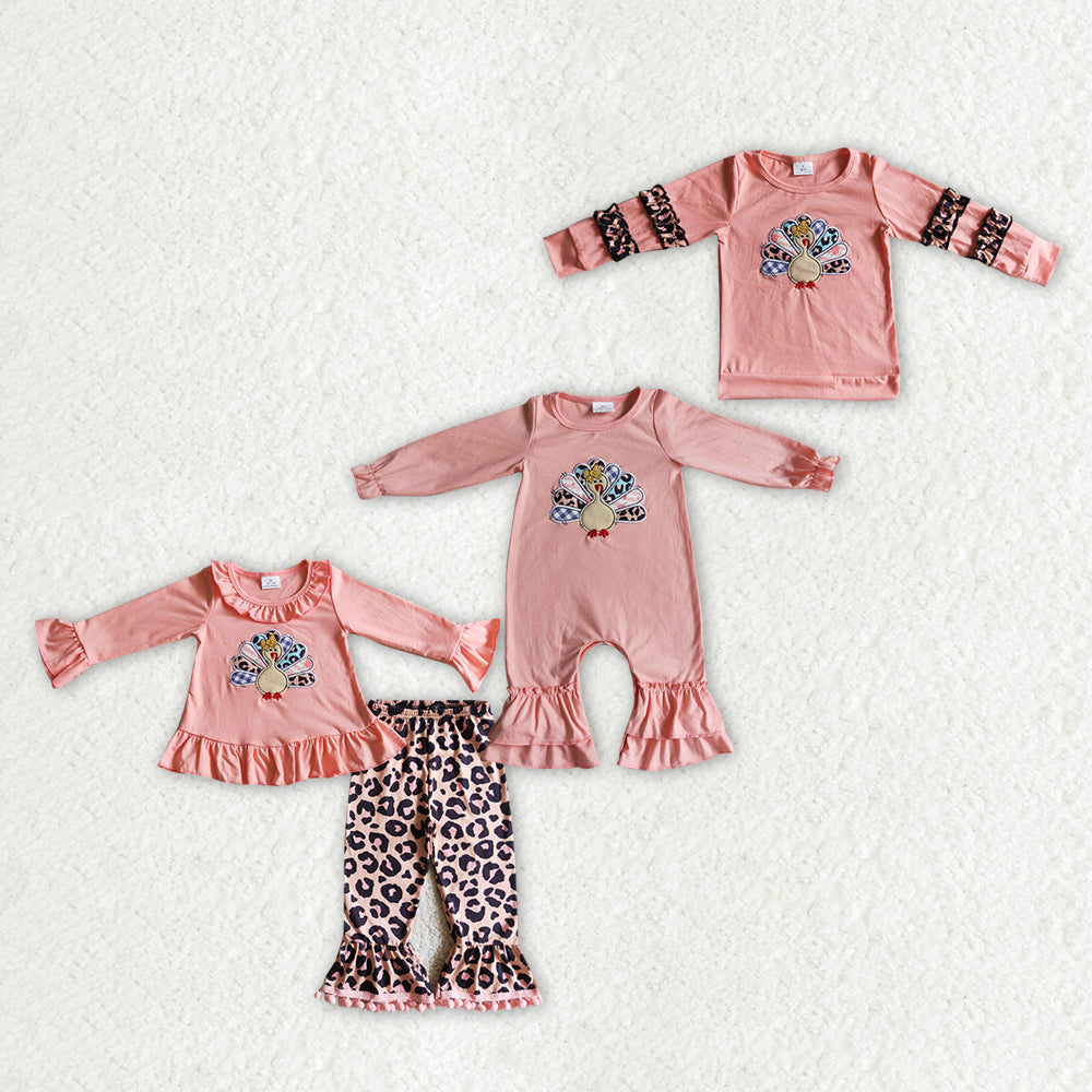 RTS NO MOQ LR0146 GLP0203 GT0040 Embroidered turkey pattern orange and pink pleated long-sleeved suit & romper & top