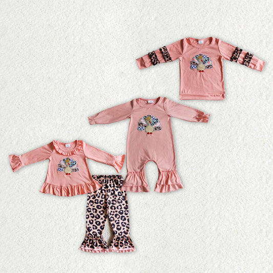 RTS NO MOQ LR0146 GLP0203 GT0040 Embroidered turkey pattern orange and pink pleated long-sleeved suit & romper & top