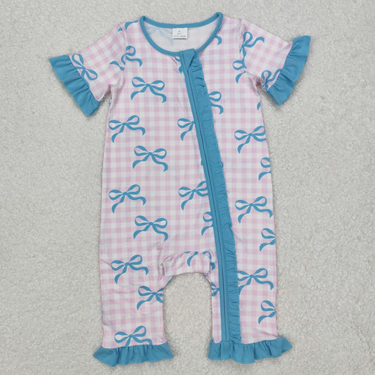 RTS NO MOQ ETA 5/7days arrived SR2026 Bow pattern blue lace pink plaid zipper short sleeve jumpsuit