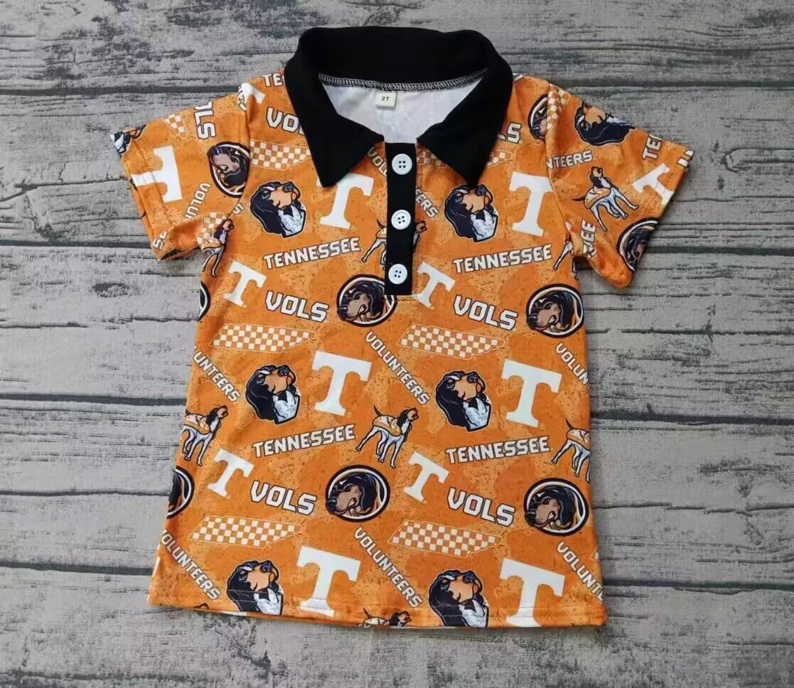 custom moq 3 eta about 4-6 weeks Orange letters-puppy pattern-button stand collar short sleeves