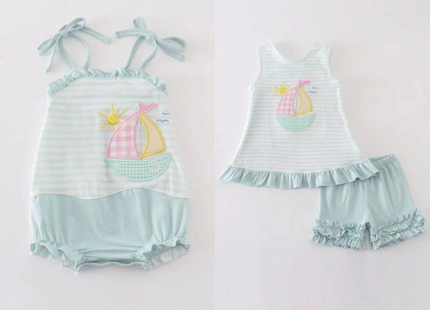 Custom summer baby girls clothes boat short sleeve shorts sets romper