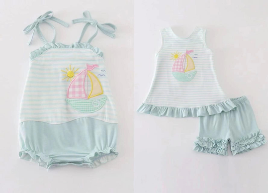 Custom summer baby girls clothes boat short sleeve shorts sets romper