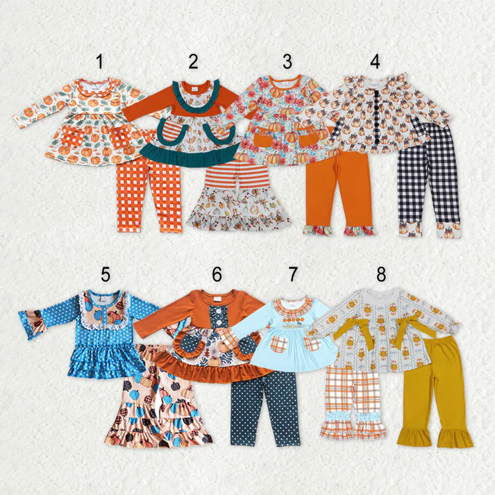 RTS NO MOQ Sibling baby girl clothes halloween pumpkin bow long sleeve pants Sets