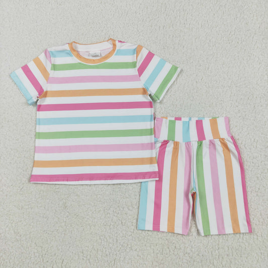 RTS NO MOQ GSSO2468 Colorful striped white short-sleeved shorts set