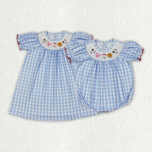 RTS Sibling baby girls clothes smocked embroidery short Sleeve dress and rompers